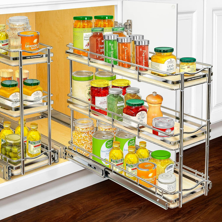 LYNK PROFESSIONAL® Élite™ Pull Out Spice Rack Organizer for Inside Kitchen Cabinets - 6"x21" - Slide Out Drawer – Wood/Chrome Sliding Spice Cabinet Organization Shelf Racks - 3 Tier