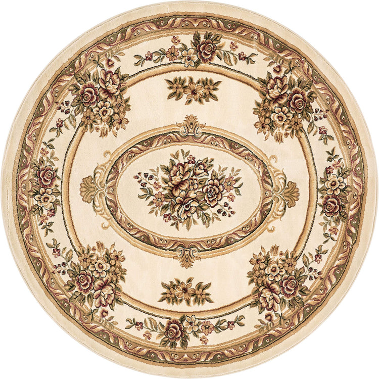Timeless Collection Le Petit Palais Ivory 8' Foot Round Luxurious Traditional French Medallion Oriental Area Rug Perfect for Living Room Bedroom or Dining Room Easy