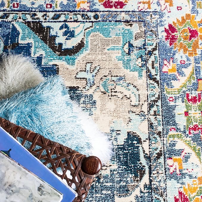 SAFAVIEH Monaco Collection Area Rug - 6'7" x 9'2", Navy & Light Blue, Non-Shedding & Easy to Clean, Distressed Medallion Design, Ideal for Living Room, Bedroom, Dining Space (MNC243N)