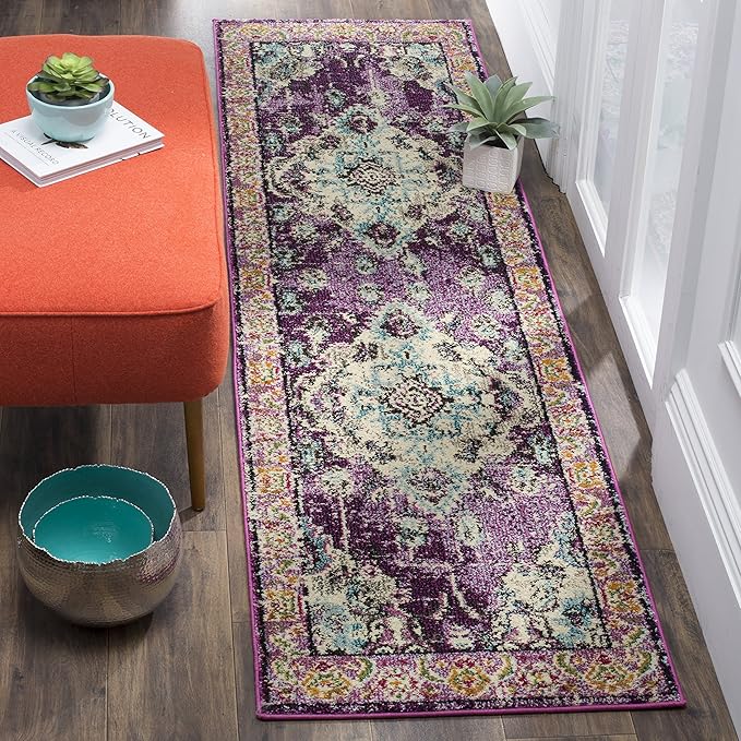 SAFAVIEH Monaco Collection Runner Rug - 2'2" x 6', Violet & Light Blue, Non-Shedding & Easy to Clean, Distressed Medallion Design, Ideal for Hallway, Foyer, Entryway, Kitchen, Bedroom (MNC243L)
