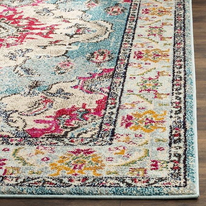 SAFAVIEH Monaco Collection Area Rug - 6'7" x 9'2", Light Blue & Fuchsia, Non-Shedding & Easy to Clean, Distressed Medallion Design, Ideal for Living Room, Bedroom, Dining Space (MNC243J)