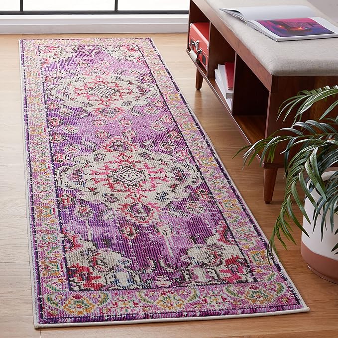 SAFAVIEH Monaco Collection Runner Rug - 2'2" x 8', Violet & Fuchsia, Non-Shedding & Easy to Clean, Distressed Medallion Design, Ideal for Hallway, Foyer, Entryway, Kitchen, Bedroom (MNC243P)