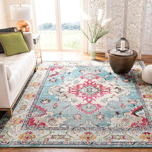 SAFAVIEH Monaco Collection Area Rug - 9' x 12', Light Blue & Fuchsia, Non-Shedding & Easy to Clean, Distressed Medallion Design, Ideal for Living Room, Bedroom, Dining Space (MNC243J)