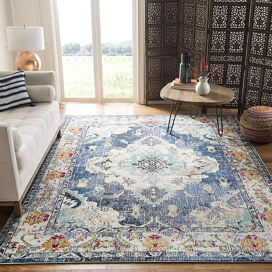 SAFAVIEH Monaco Collection Area Rug - 11' x 15', Navy & Light Blue, Non-Shedding & Easy to Clean, Distressed Medallion Design, Ideal for Living Room, Bedroom, Dining Space (MNC243N)