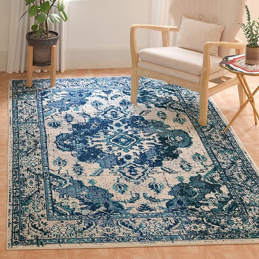SAFAVIEH Monaco Collection Area Rug - 4' x 5'7", Ivory & Blue, Non-Shedding & Easy to Clean, Distressed Medallion Design, Ideal for Living Room, Bedroom, Dining Space (MNC243A)