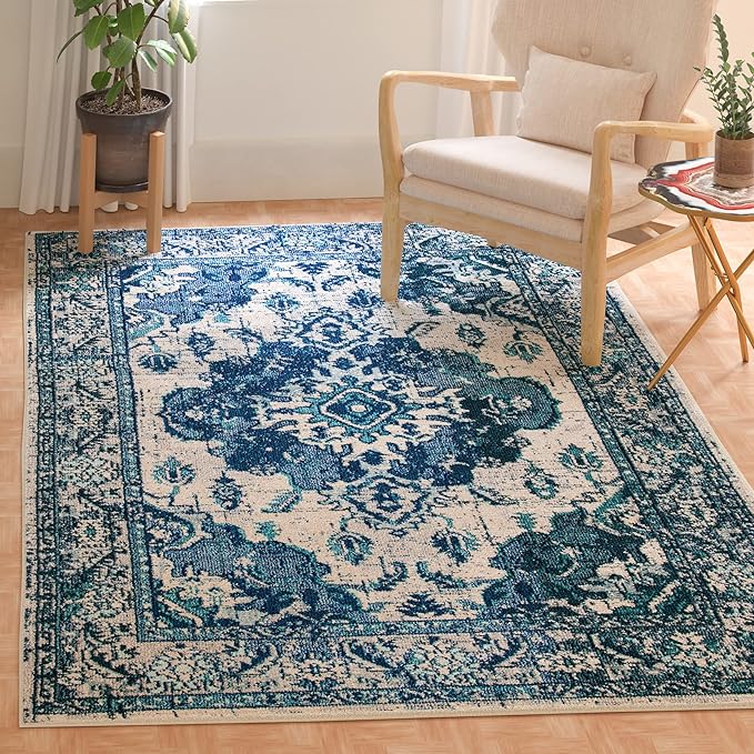 SAFAVIEH Monaco Collection Area Rug - 8' x 10', Ivory & Blue, Non-Shedding & Easy to Clean, Distressed Medallion Design, Ideal for Living Room, Bedroom, Dining Space (MNC243A)
