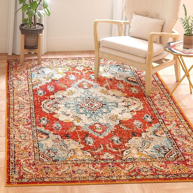 SAFAVIEH Monaco Collection Area Rug - 6'7" x 9'2", Orange & Light Blue, Non-Shedding & Easy to Clean, Distressed Medallion Design, Ideal for Living Room, Bedroom, Dining Space (MNC243H)