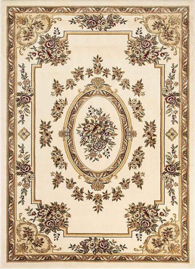 Pastoral Medallion Ivory French European Formal Traditional (7'10" x 10'6") Area Rug Easy to Clean Stain Fade Resistant Shed Free Contemporary Floral Thick Soft Plush Living Dining Room Rug