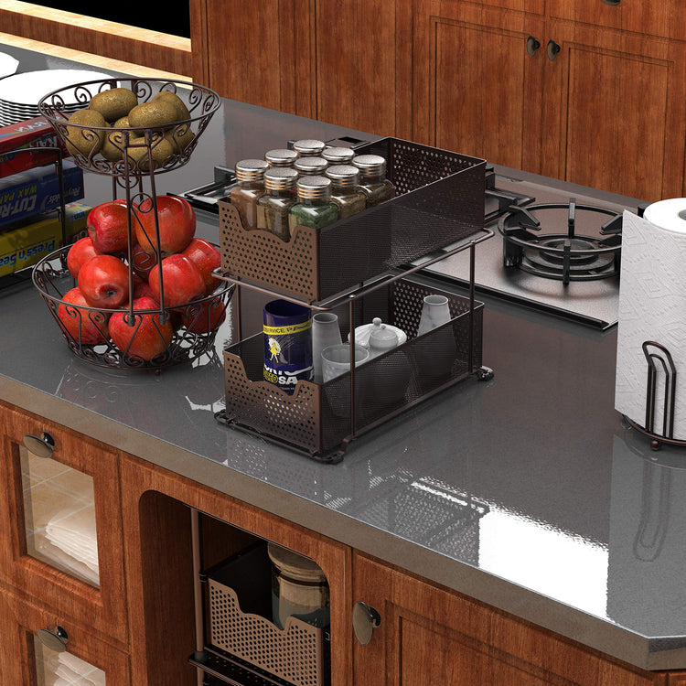 2 Tier Sliding Cabinet Basket Organizer Drawer