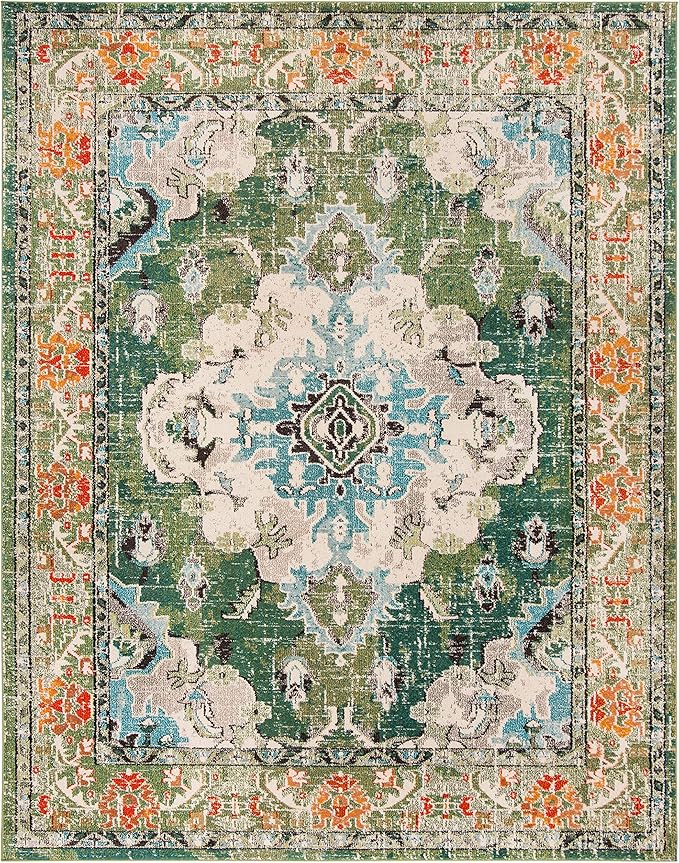 SAFAVIEH Monaco Collection Area Rug - 6'7" x 9'2", Forest Green & Light Blue, Non-Shedding & Easy to Clean, Distressed Medallion Design, Ideal for Living Room, Bedroom, Dining Space (MNC243F)