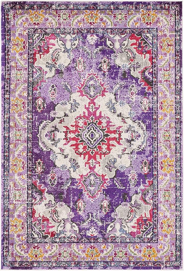 SAFAVIEH Monaco Collection Area Rug - 5'1" x 7'7", Violet & Fuchsia, Non-Shedding & Easy to Clean, Distressed Medallion Design, Ideal for Living Room, Bedroom, Dining Space (MNC243P)