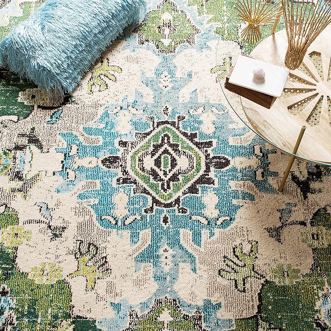 SAFAVIEH Area Rug 6x8 - Monaco Collection - Forest Green & Light Blue, Non-Shedding & Easy to Clean, Distressed Medallion Design, Ideal for Living Room, Bedroom, Dining Space (MNC243F)