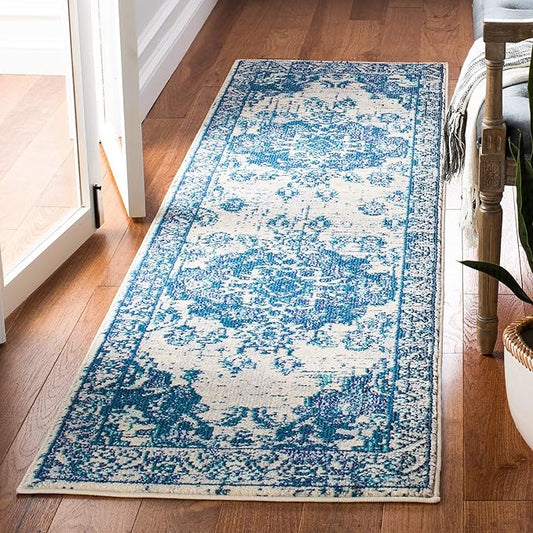 SAFAVIEH Monaco Collection Runner Rug - 2'2" x 8', Ivory & Blue, Non-Shedding & Easy to Clean, Distressed Medallion Design, Ideal for Hallway, Kitchen Foyer, Entryway (MNC243A)
