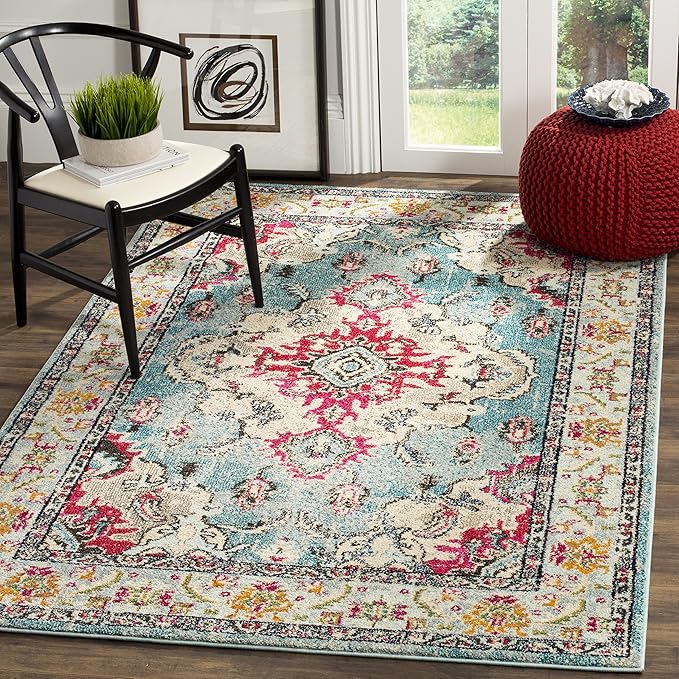 SAFAVIEH Monaco Collection Area Rug - 6'7" x 9'2", Light Blue & Fuchsia, Non-Shedding & Easy to Clean, Distressed Medallion Design, Ideal for Living Room, Bedroom, Dining Space (MNC243J)