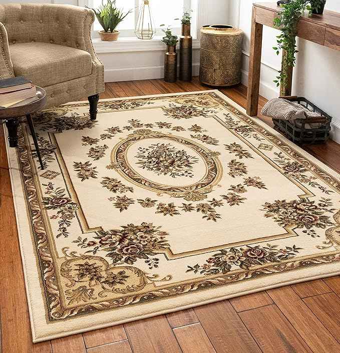 Well Woven Pastoral Medallion Ivory French European Formal Traditional (5'3" x 7'3") Area Rug Easy to Clean Stain/Fade Resistant Shed Free Contemporary Floral Thick Soft Plush Living Dining Room Rug