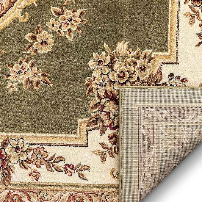 Well Woven Timeless Collection Le Petit Palais Green 9x13 Luxurious Traditional French Aubusson Medallion Oriental Area Rug Perfect for Living Room Bedroom or Dining Room Easy-to-Clean Durable Design