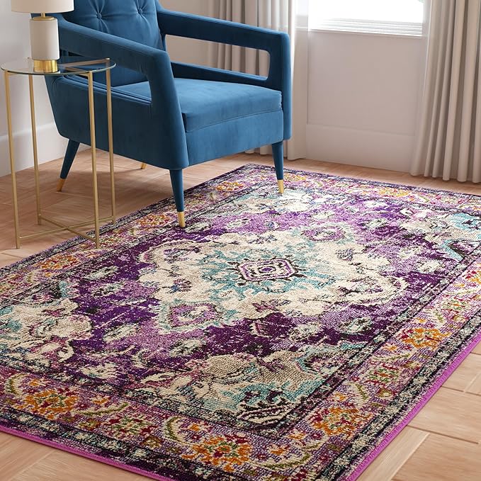 SAFAVIEH Monaco Collection Area Rug - 3' x 5', Violet & Light Blue, Non-Shedding & Easy to Clean, Distressed Medallion Design, Ideal for Living Room, Bedroom, Dining Space (MNC243L)
