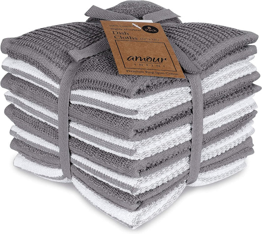 AMOUR INFINI Dish Cloths for Washing Dishes Set of 8 - Highly Absorbent, Super Soft Kitchen Dishcloths - Reusable Quick Dry Dish Rags for Cleaning & Drying Kitchen Linens (12x12 Inch - L.Grey) - Nestoria
