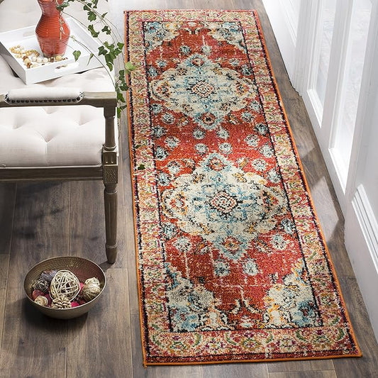 SAFAVIEH Monaco Collection Runner Rug - 2'2" x 20', Orange & Light Blue, Non-Shedding & Easy to Clean, Distressed Medallion Design, Ideal for Hallway, Foyer, Entryway, Kitchen, Bedroom (MNC243H)
