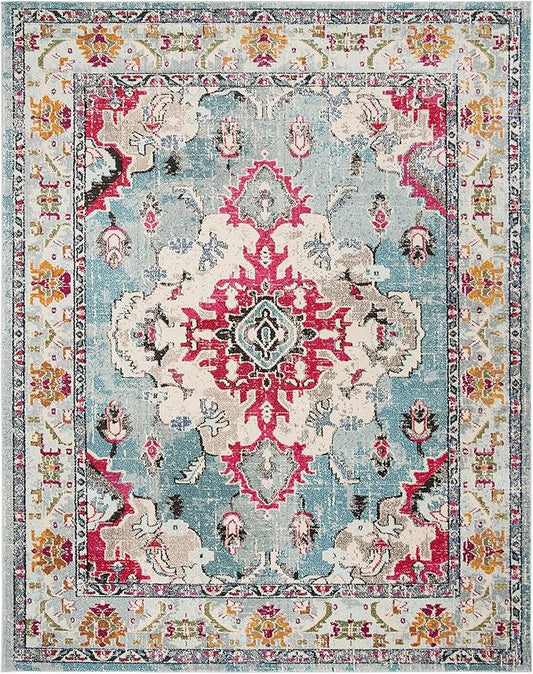 SAFAVIEH Monaco Collection Area Rug - 12' x 18', Light Blue & Fuchsia, Non-Shedding & Easy to Clean, Distressed Medallion Design, Ideal for Living Room, Bedroom, Dining Space (MNC243J)