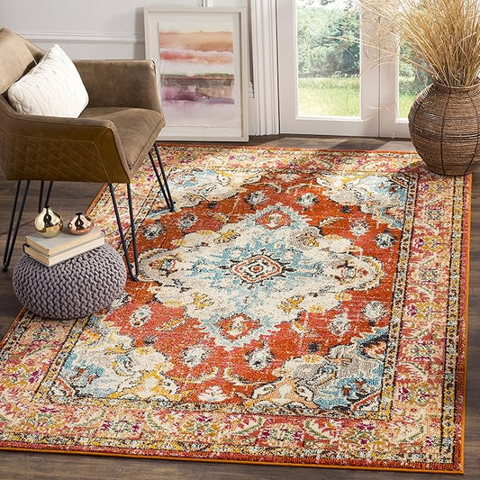 SAFAVIEH Monaco Collection Area Rug - 6'7" x 9'2", Orange & Light Blue, Non-Shedding & Easy to Clean, Distressed Medallion Design, Ideal for Living Room, Bedroom, Dining Space (MNC243H)
