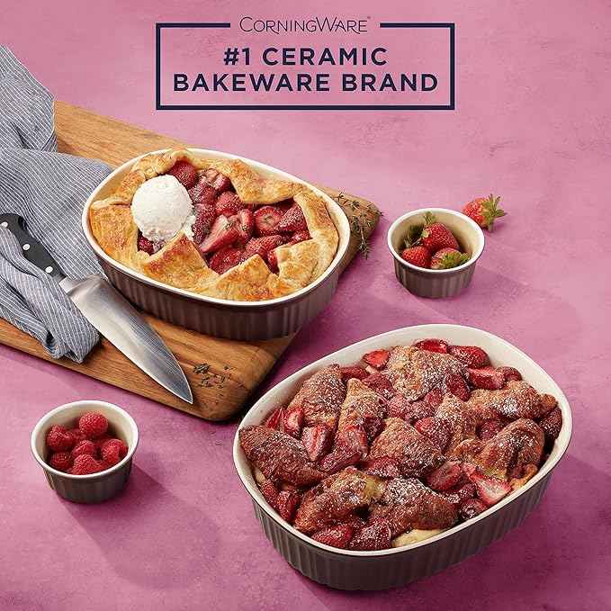 CorningWare Ceramic Bakeware Set with Lids, Chip and Crack Resistant Stoneware Baking Dish, Microwave, Dishwasher, Oven, Freezer and Fridge Safe, 12-Piece French Cabernet