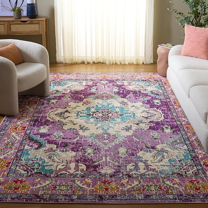 SAFAVIEH Monaco Collection Area Rug - 3' x 5', Violet & Light Blue, Non-Shedding & Easy to Clean, Distressed Medallion Design, Ideal for Living Room, Bedroom, Dining Space (MNC243L)