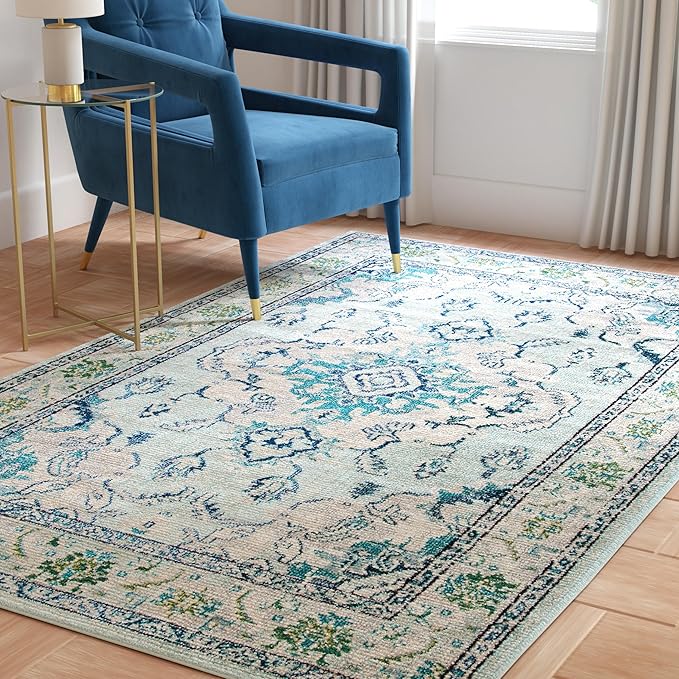 SAFAVIEH Monaco Collection Area Rug - 5' Square, Light Blue & Ivory, Non-Shedding & Easy Care, Ideal for High Traffic Areas in Living Room, Bedroom, Home Office, Dining Space (MNC243K-5SQ)