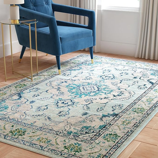 SAFAVIEH Monaco Collection Accent Rug - 3' Round, Light Blue & Ivory, Non-Shedding & Easy Care, Ideal for High Traffic Areas in Living Room, Foyer, Bedroom (MNC243K-3R)