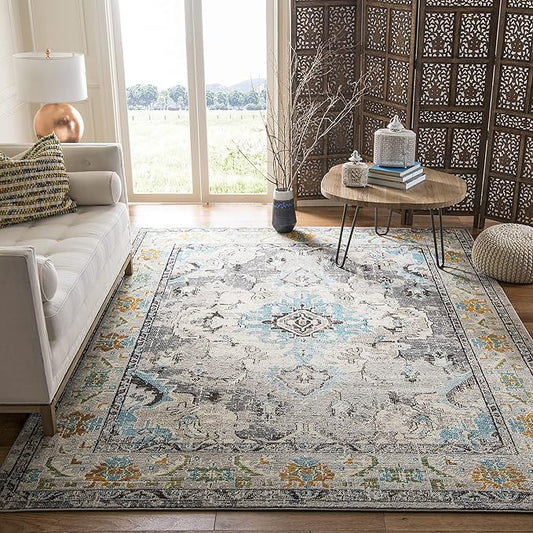 SAFAVIEH Monaco Collection Area Rug - 8' x 10', Grey & Light Blue, Non-Shedding & Easy to Clean, Distressed Medallion Design, Ideal for Living Room, Bedroom, Dining Space (MNC243G)