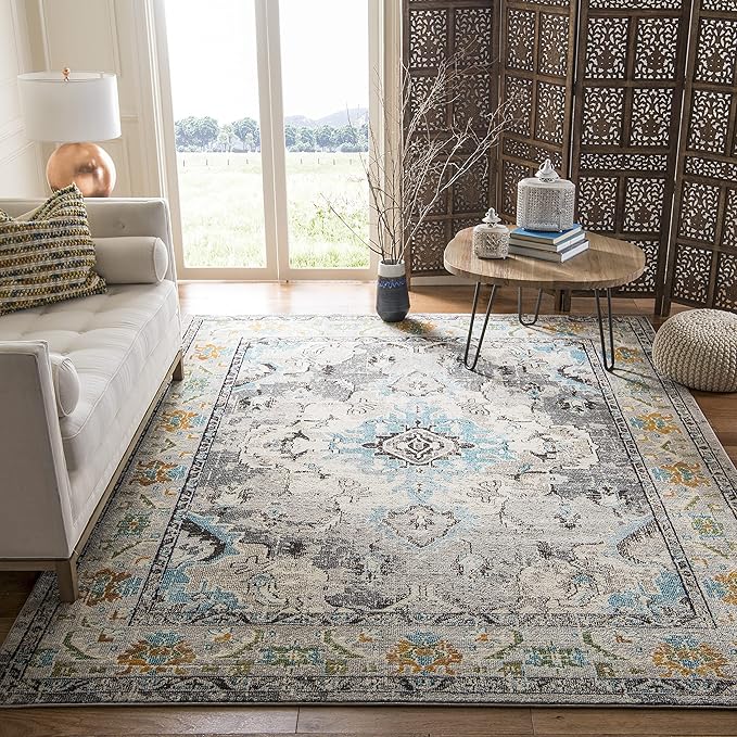 SAFAVIEH Monaco Collection Area Rug - 8' x 10', Grey & Light Blue, Non-Shedding & Easy to Clean, Distressed Medallion Design, Ideal for Living Room, Bedroom, Dining Space (MNC243G)