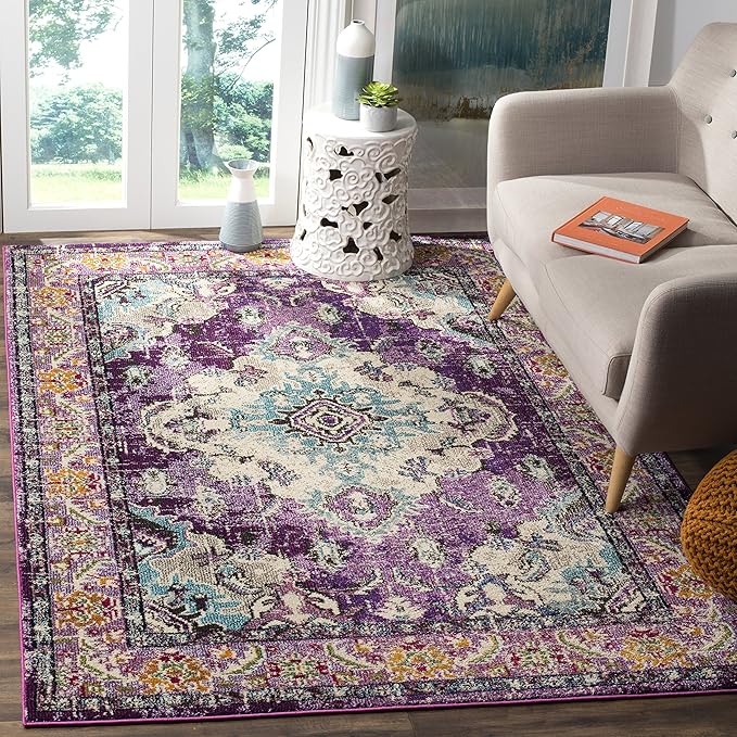 SAFAVIEH Monaco Collection Area Rug - 5'1" x 7'7", Violet & Light Blue, Non-Shedding & Easy to Clean, Distressed Medallion Design, Ideal for Living Room, Bedroom, Dining Space (MNC243L)