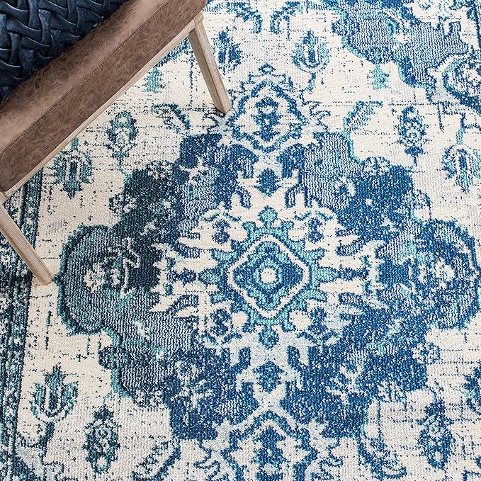 SAFAVIEH Monaco Collection Runner Rug - 2'2" x 12', Ivory & Blue, Non-Shedding & Easy to Clean, Distressed Medallion Design, Ideal for Hallway, Kitchen Foyer, Entryway (MNC243A)