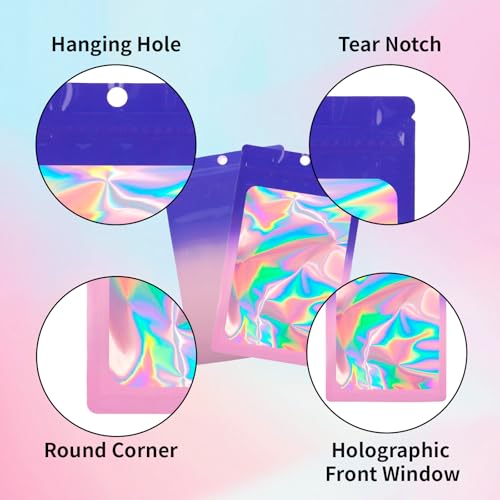 200 Pack Resealable Mylar Holographic Bags Food Storage Smell Proof Bags with Front Window Foil Packaging Pouch for Candy Sample Jewelry Small Business 3.15×5.51 Inch (3.1×5.5 inch / Blue Fade Purple)
