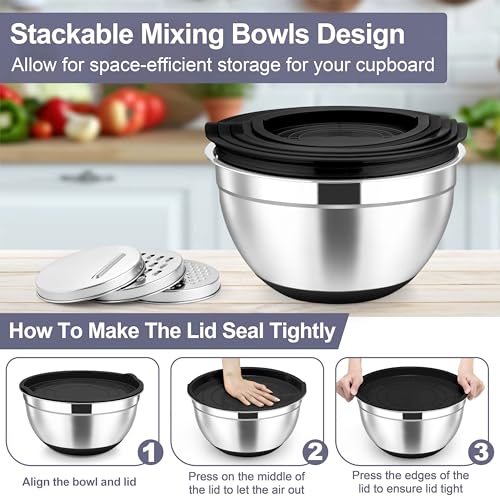 Mixing Bowls Stainless Steel Salad Bowl with Lid & Graters (Black)