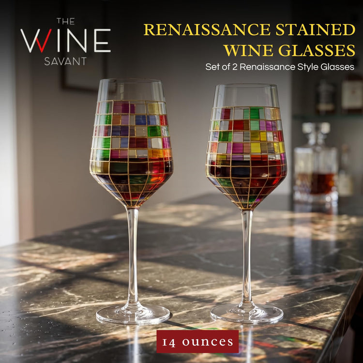 Renaissance Stained Wine Glasses Set of 2 Festive Colorful Coffee Cups (Stemmed)