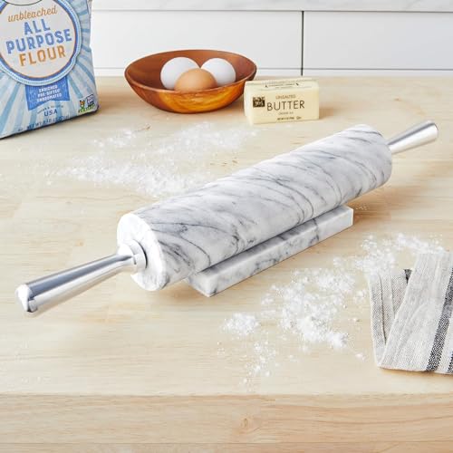Marble Rolling Pin & Stand (White, Aluminum Handles)