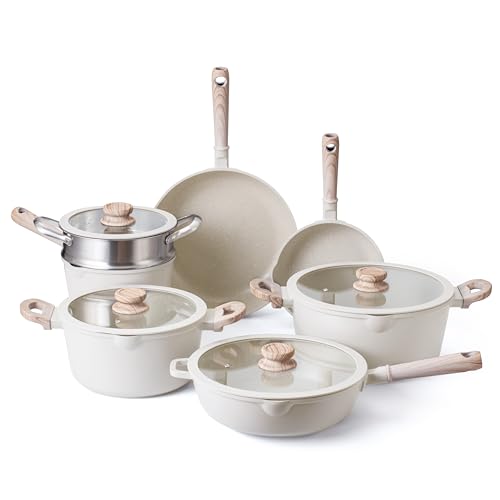 Non Stick Cast Aluminum Cookware Set (Cream Round Handle / 11 Pc.)