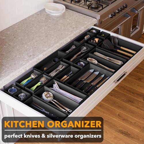 21 Piece Bamboo Drawer Organizer Storage Boxes Set (21-Piece / Black)