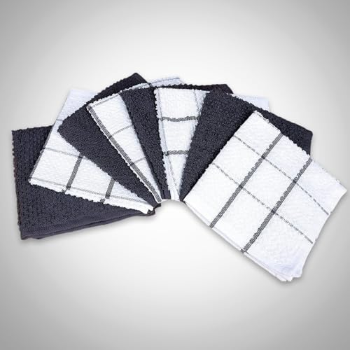 Cotton Kitchen Dish Cloths Set of 8 (Gray Check / 12" x 12" - 8 pack)