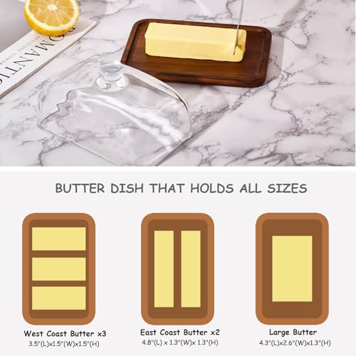Glass butter dish with lid (7.1"L x 4.5"W x 4.1"H-Acacia wood)