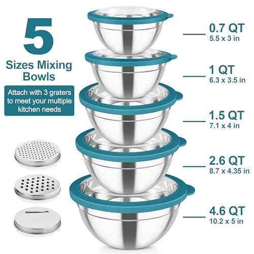 Mixing Bowls Stainless Steel Salad Serving Bowl with Clear Lids (Dark Blue)