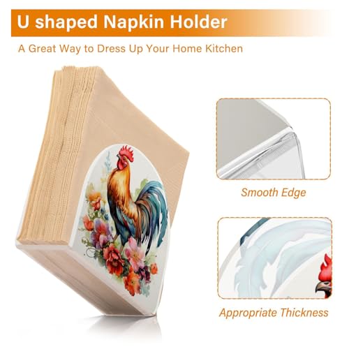 Rooster and Flower Napkin Holder for Table Paper Napkins Holder Acrylic Tissue Dispenser Kitchen Dining Room Bathroom Party Car Decor (NH051 / 4.1x4.9x1.97in)