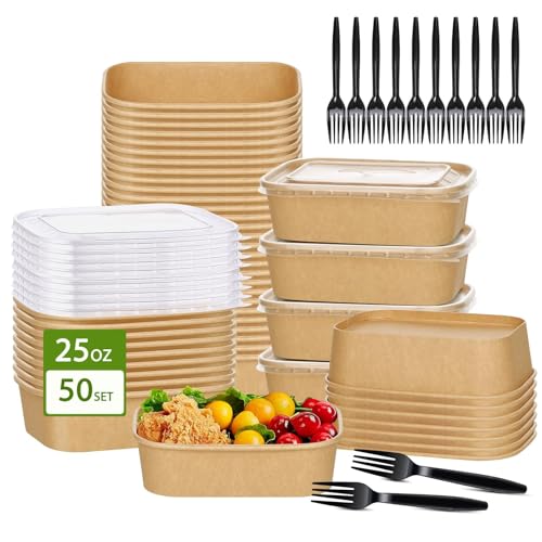 50 Disposable Salad Container for Lunch 25oz Paper Bowls with Lids & Forks (25oz 50 Count / kraft Paper Rectangular)