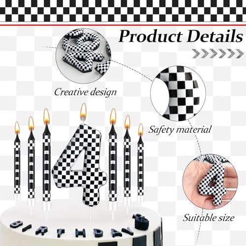 13 Pcs Racing Cars Themed Birthday Candles Black and White Race Number 4 Checkered Candle Cake Topper for Racing Car Party Decoration Supplies (Black+White / 4)