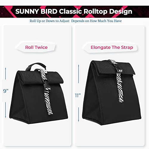 Insulated Lunch Bag Rolltop Lunch Box (Black with white strap)