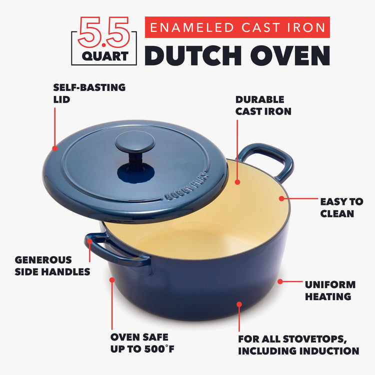 x Bobby Flay 5.5QT Enameled Cast Iron Dutch Oven With Lid (5.5QT Dutch Oven / Cobalt Blue)