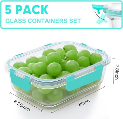 5 PACK 36 OZ Glass Meal Prep Containers Set with Lids (Green)
