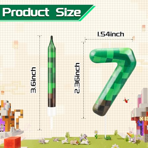 13 Pcs Dynamite Themed Birthday Cake Candles & Number 7 Candle Topper for Pixel Theme Birthday Party (Green+Brown / 7)