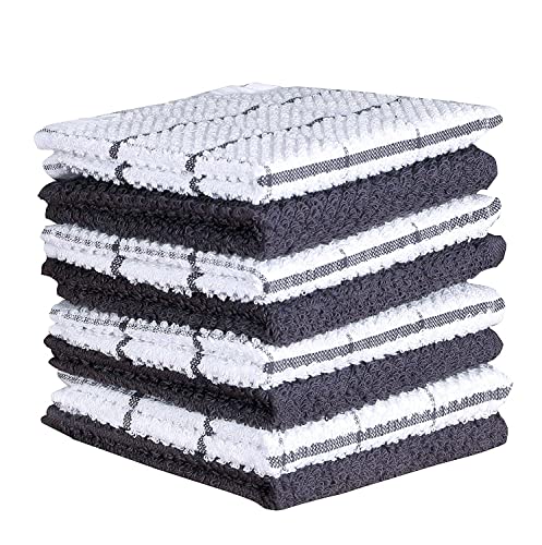 Cotton Kitchen Dish Cloths Set of 8 (Gray Check / 12" x 12" - 8 pack)